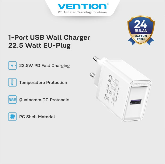 Vention Kepala Charger 1 Port USB A 22.5W EU QC 3.0 Fast Charging iPhone Xiaomi Samsung - FAC