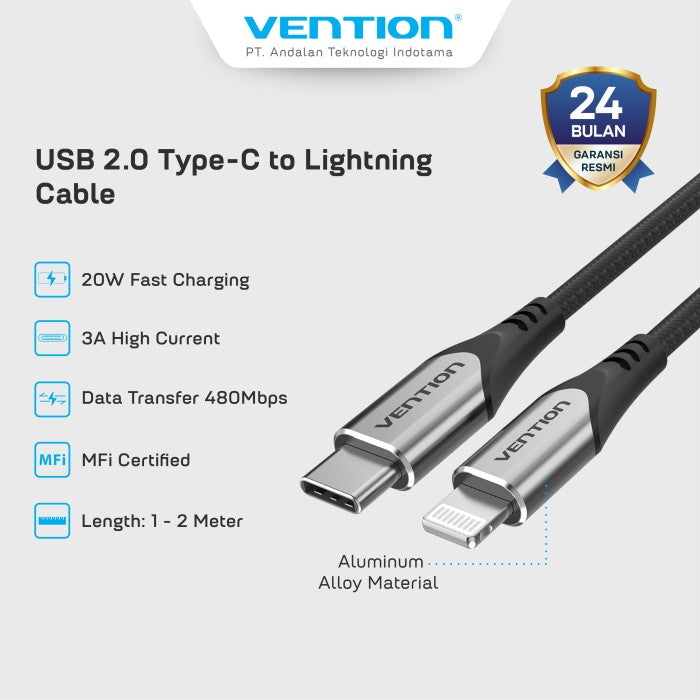 Vention Cable Charger USB C to Lightning 3A 20W MFI 2M - TAC