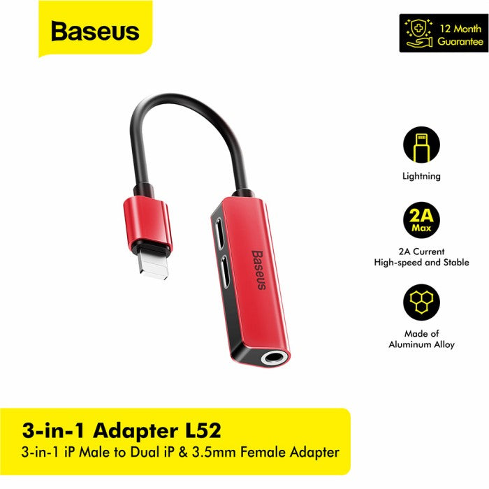 BASEUS 3-in-1 iP Male to Dual iP & 3.5mm Female Adapter L52 - CALL52