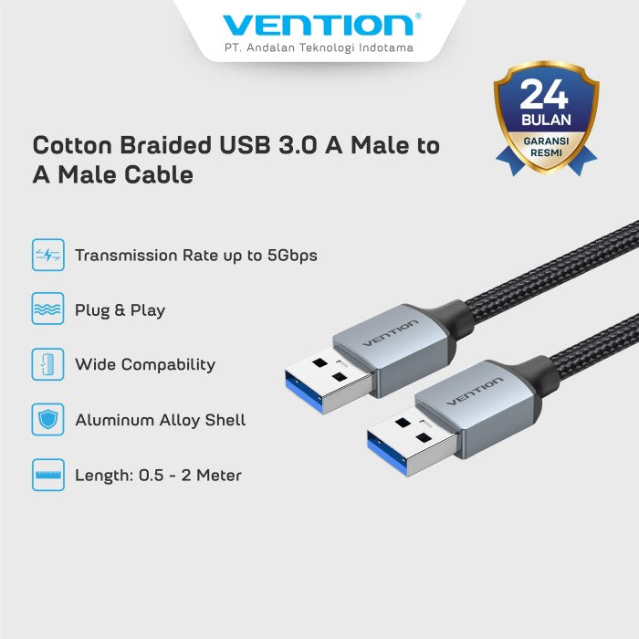Vention Kabel Data Cable USB 3.0 A Male to Male 2A 5Gbps Aluminum Alloy 1M 2M 3M - CTS