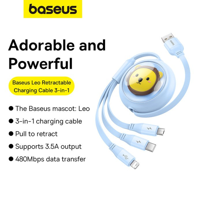 Baseus Leo Retractable Charging Cable 3-in-1 USB to M+L+C 3.5A 1.1m