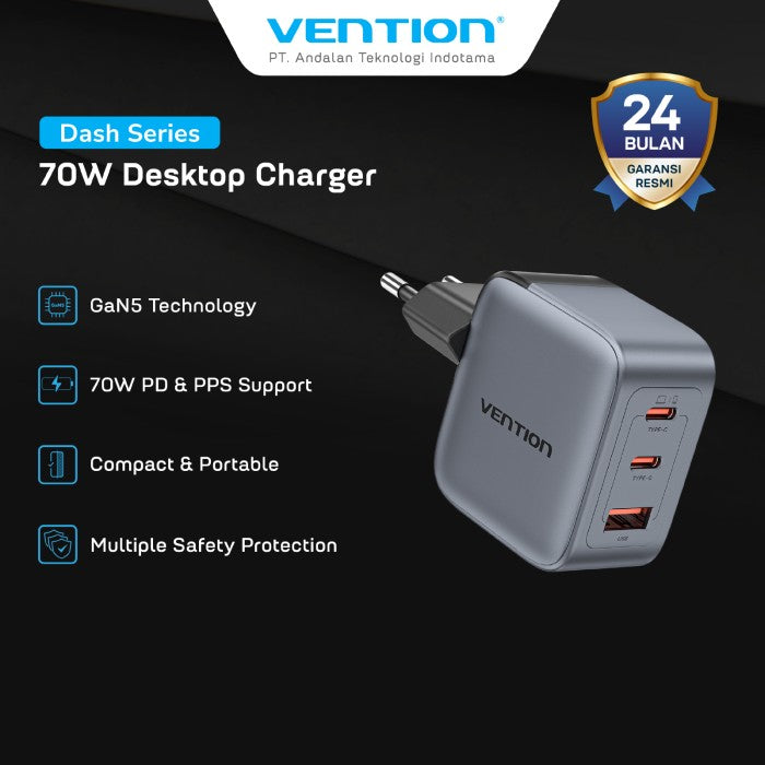 Vention Dash Series Kepala Charger GaN5 3 Port USB (2C+A) 70W Fast Charging - FEX