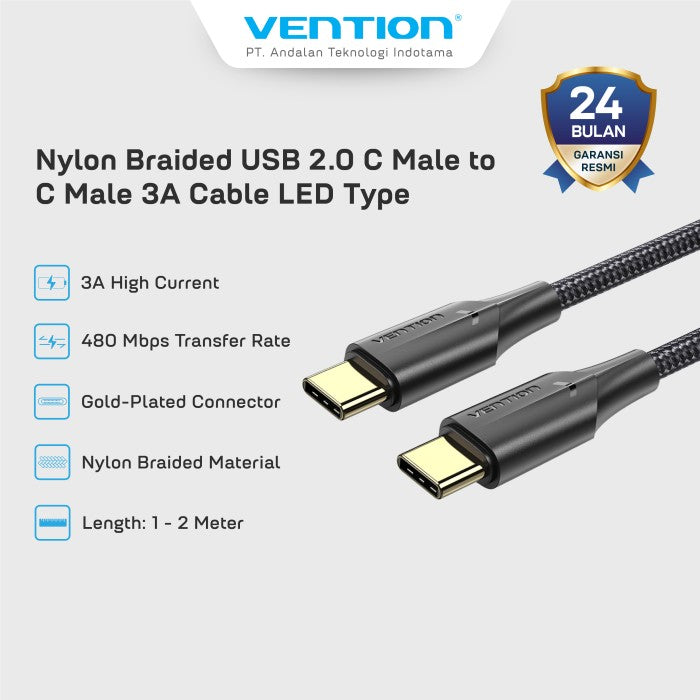 Vention Kabel Charger USB C to C 3A Fast Charging Nylon Braided - TAU