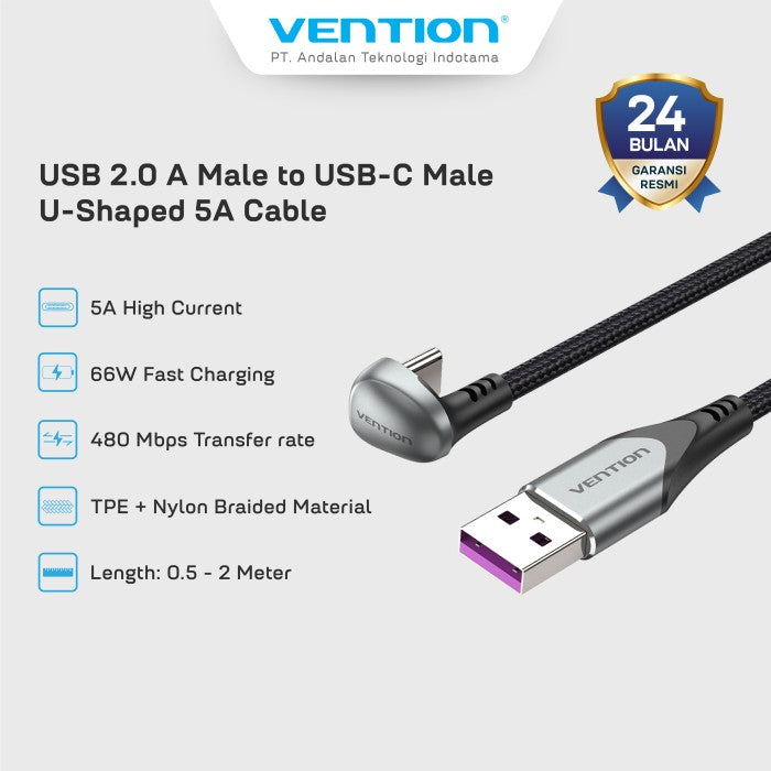 Vention Kabel U-Shaped USB Type C to USB 2.0 A Braided Cable 1M 1.5M 2M 5A Fast Charging  - COH