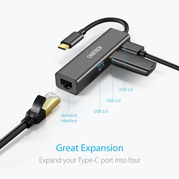 Choetech HUB-U02 HUB Adapter Multiport 4 in 1 USB Type C to RJ45 + 3U