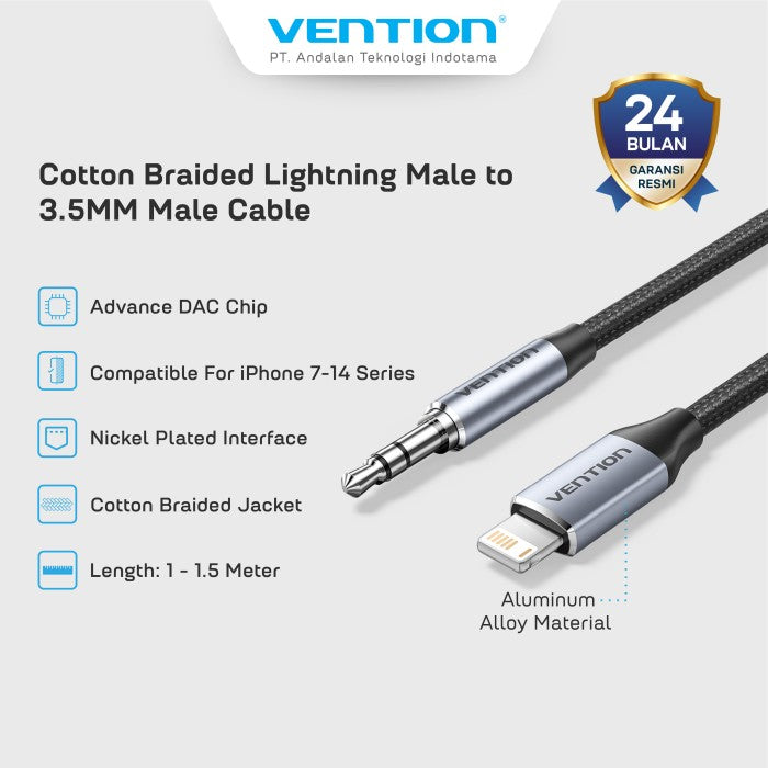 Vention Kabel Converter Cable Lightning to Jack Audio 3.5mm Aux Male Adapter Cotton Braided 1M 1.5M - BMC