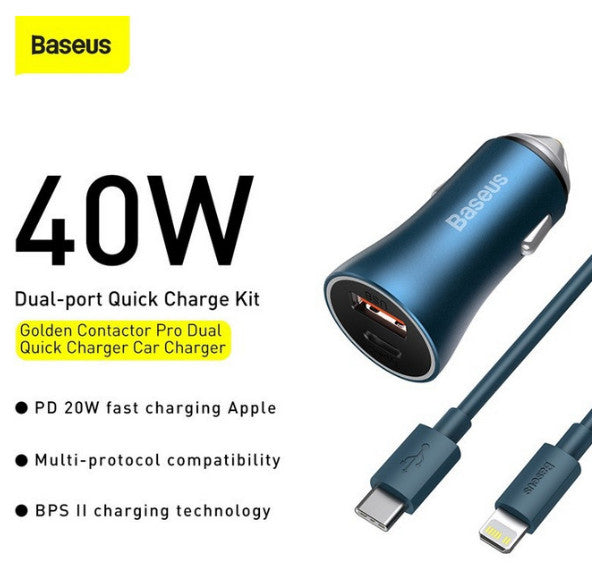 Baseus Golden Contactor Pro Dual Quick Charger Car Charger U+C 40W & Kabel iPhone