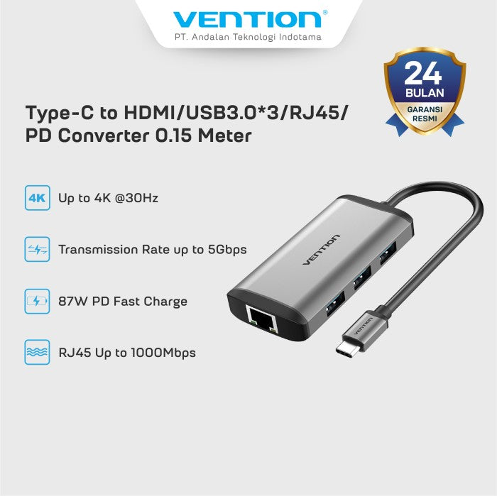 Vention Converter USB Type C to HDMI USB 3.0 RJ45 PD 0.15M Docking Station - CNC