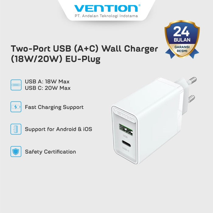 Vention Adaptor Kepala Charger USB (A+C) 20W PD For Apple Iphone Android - FBB