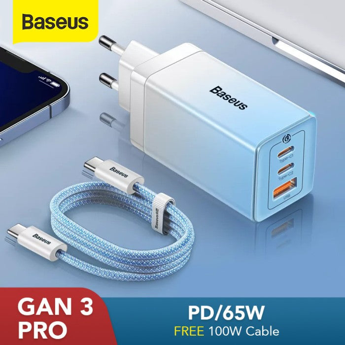 BASEUS Charger GaN3 Pro Fast 2C+U 65W EU with Cable Type-C CCGP