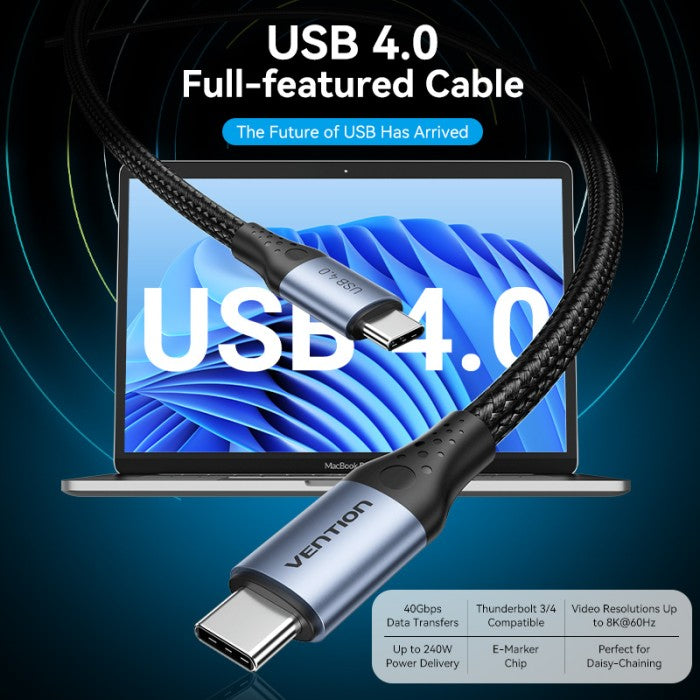 Vention Kabel Data  USB Type C to USB 4.0 Thunderbolt  Male to Male 5A 240W PD  Cotton Braided - TAV