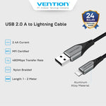 Vention Kabel Charger USB A to Lightning 2.4A MFI Fast Charging Gray - LAB