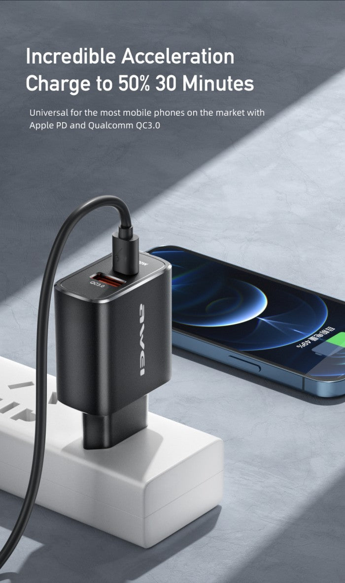AWEI Wall Charger Adaptor Dual Port USB A+C PD 20W - PD7