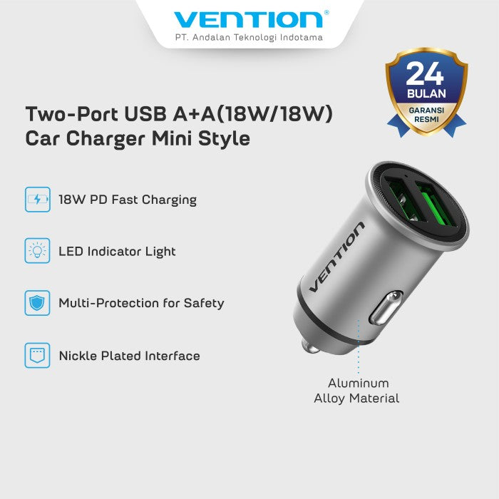 Vention Car Charger Mini Dual Port USB A 18W Fast Charging - FFA