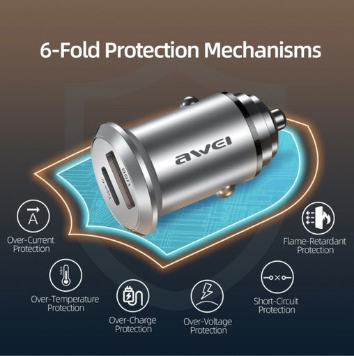 AWEI Car Charger Dual Port USB A+C 45W C-708