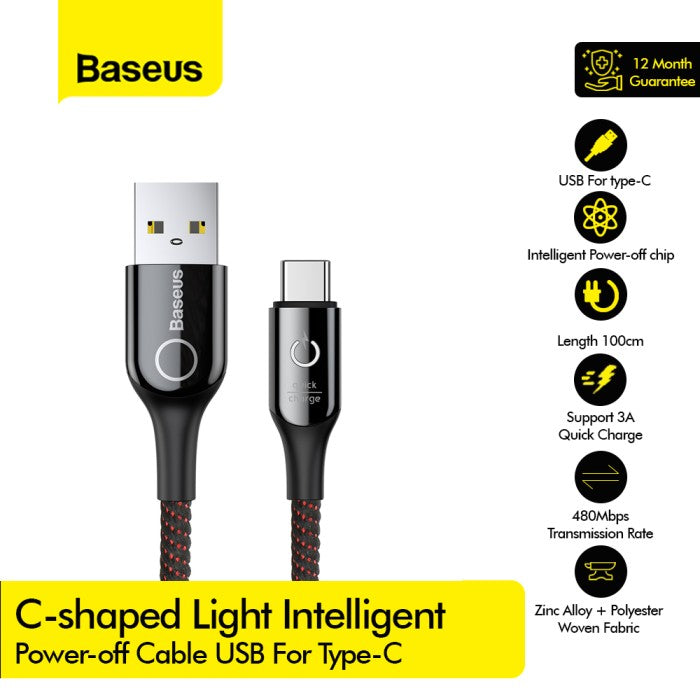 BASEUS C-shaped Light Intelligent Cable USB For Type-C 3A 1M CATCD