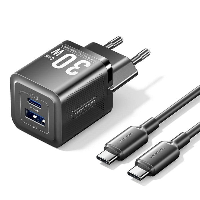 Vention Adapter Charger GaN 30W PD Dual Port USB C+A with Cable USB C to C - TZ - FEQ