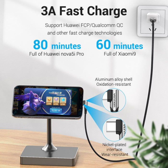 Vention Kabel Data USB Type C to USB 2.0 A Right Angle Cable 1M 2M Braided 3A Fast Charging - COE