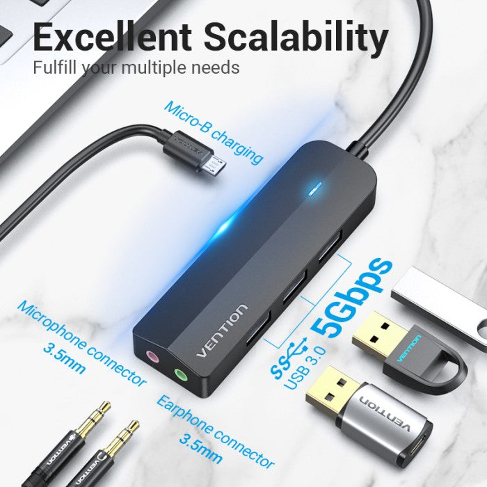 Vention HUB USB 3.0 With Sound Card External Audio TRS 3.5MM and Power Supply 5Gbps - CHI