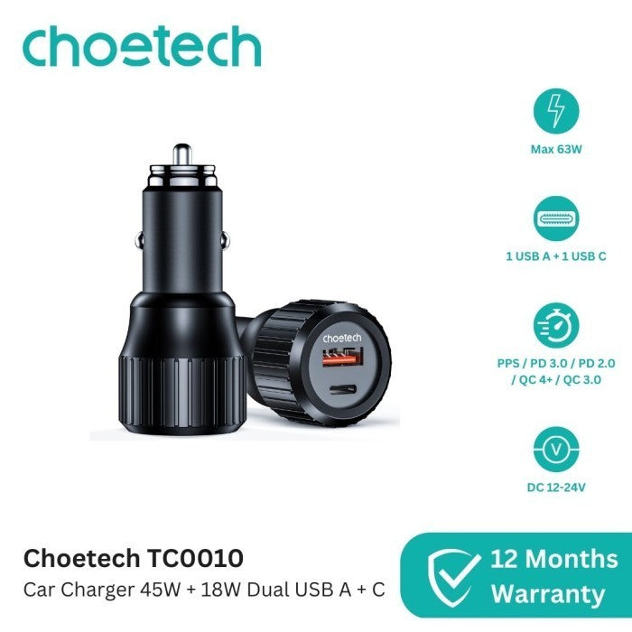 Choetech TC0010 Car Charger Mobil 63W 45W 25W PPS PD QC Dual USB A C