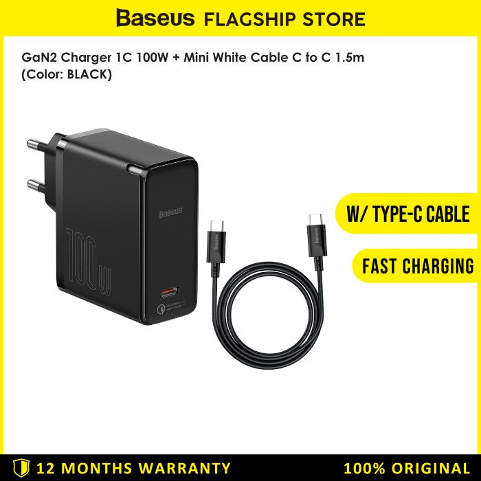 Baseus GaN2 Charger 1C 100W + Mini White Cable C to C 1.5M - TZCCGAN-L