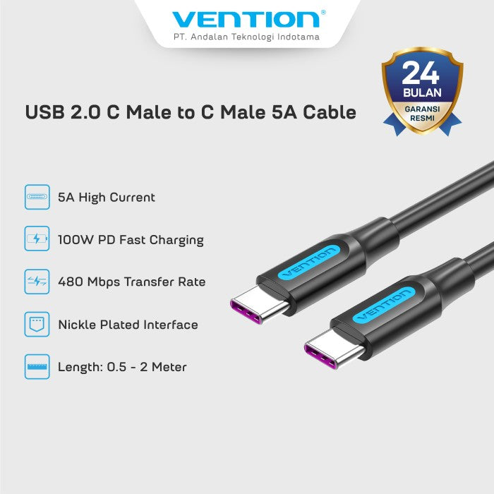 Vention Kabel USB Type C 2.0 Male to Type C Male Quick Charge Cable 1M 1.5M 2M 5A - COT