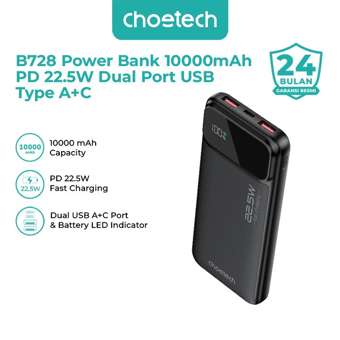 Choetech B728 Power Bank 10000mAh PD 22.5W Dual Port USB Type A+C