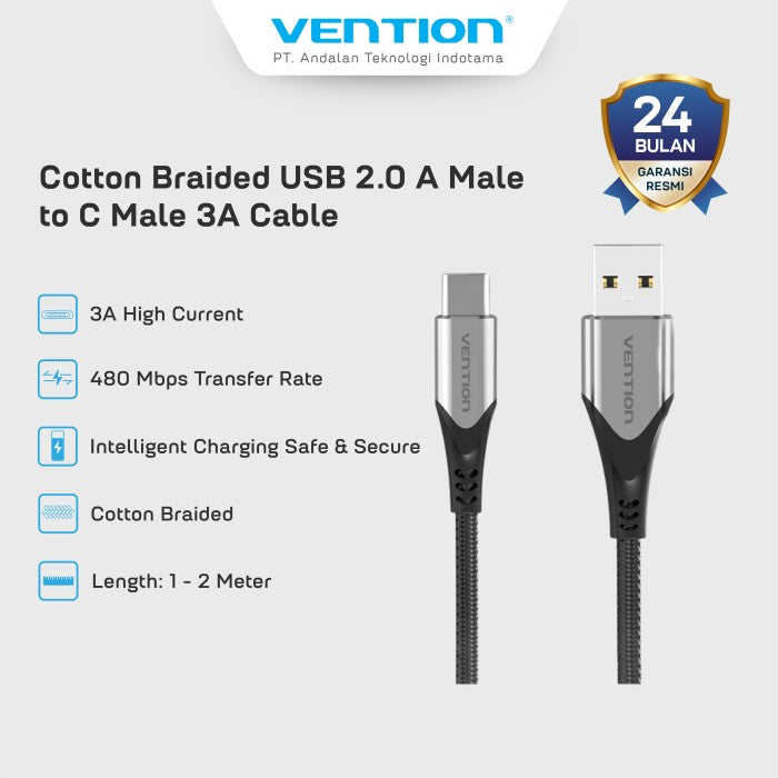 Vention Kabel Charger USB To Type C 3A Fast Charging Cotton Braided - COD