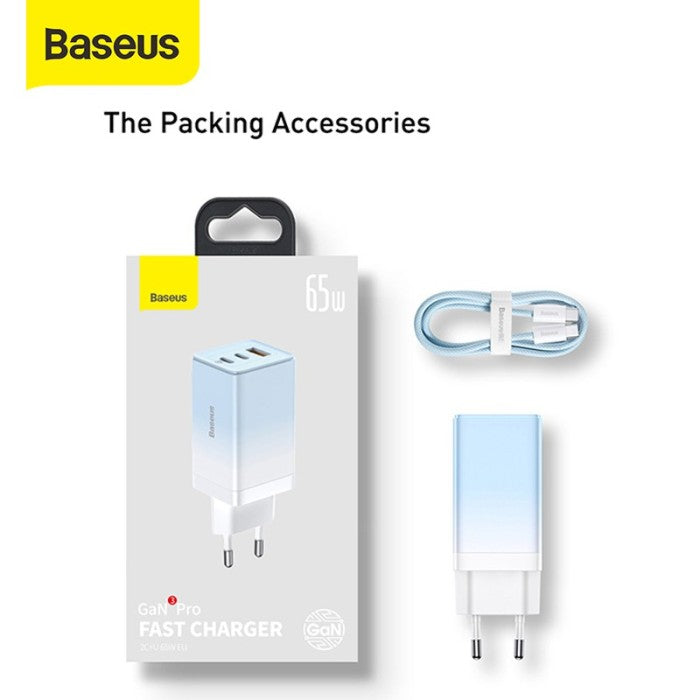 BASEUS Charger GaN3 Pro Fast 2C+U 65W EU with Cable Type-C CCGP