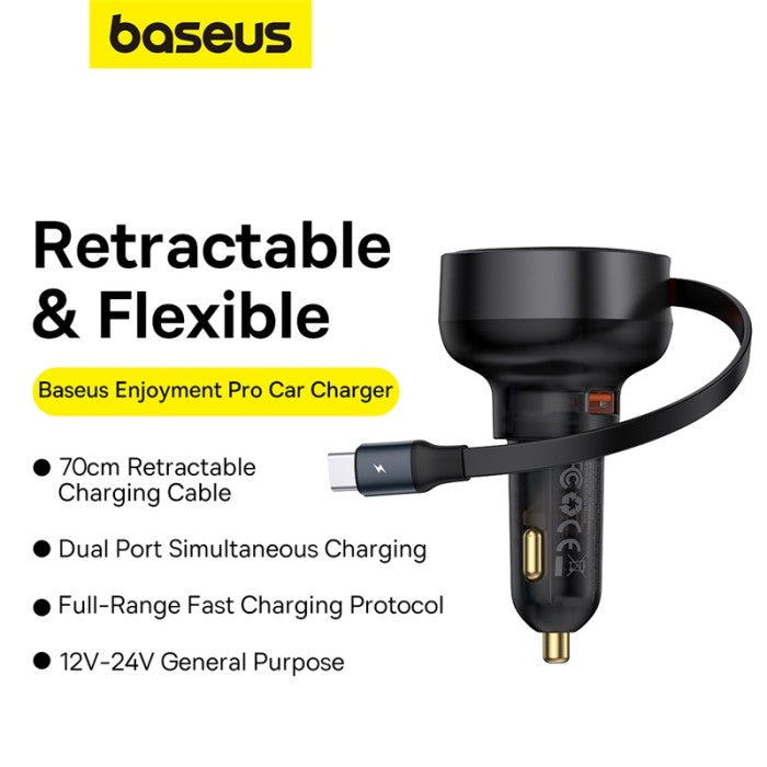 Baseus Enjoyment Pro Car Charger U+Retractable Type-C Cable 60W