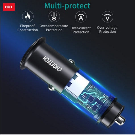 Choetech TC0006 Fast Car Charger Dual Port USB A+C 30W