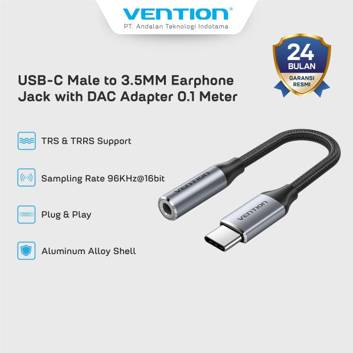 Vention Kabel Adapter USB Type C to Aux 3.5mm Converter Earphone Jack DAC Aluminium Alloy - BID