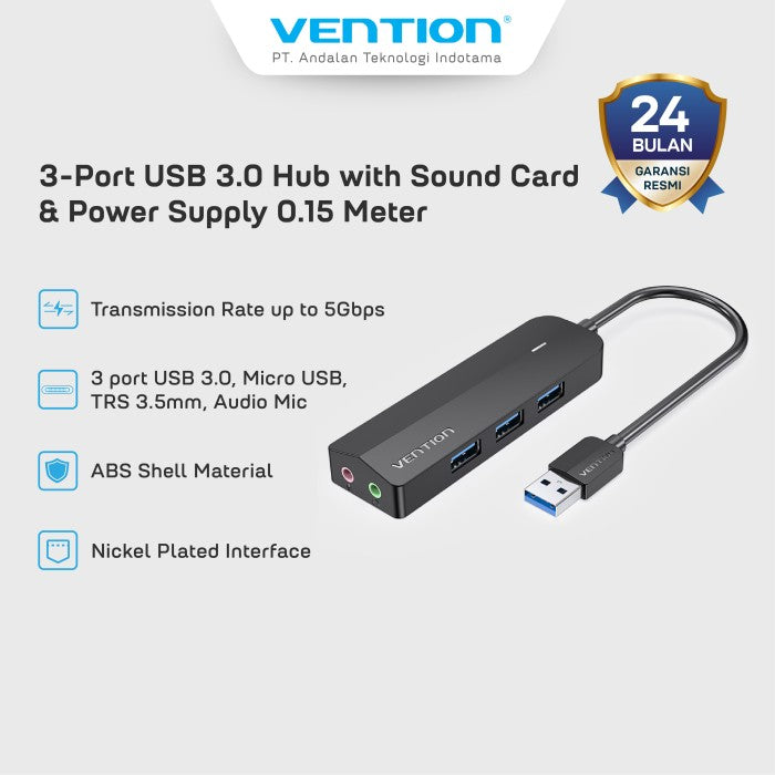 Vention HUB USB 3.0 With Sound Card External Audio TRS 3.5MM and Power Supply 5Gbps - CHI