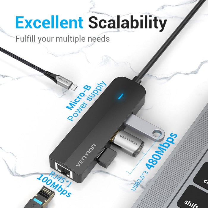 Vention HUB 5 In 1 USB Type C TO RJ45 LAN Micro USB Power Supply Fast Ethernet - TGO