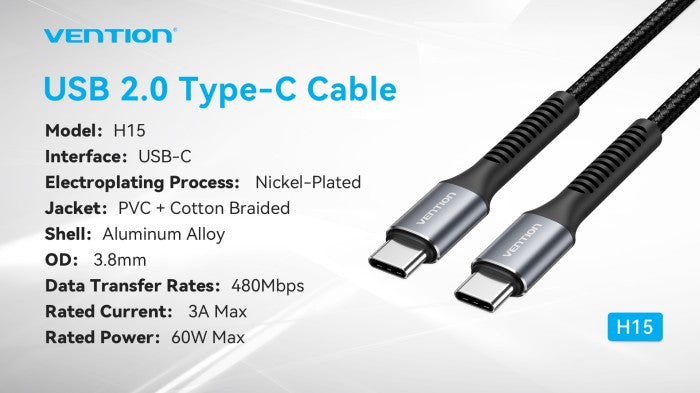 Vention Kabel Chager Cable USB 2.0 Type C to C Male to Male Cable 3A 60W 480 Mbps Cotton Braided - H15