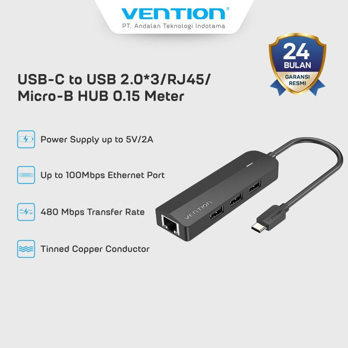 Vention HUB 5 In 1 USB Type C TO RJ45 LAN Micro USB Power Supply Fast Ethernet - TGO