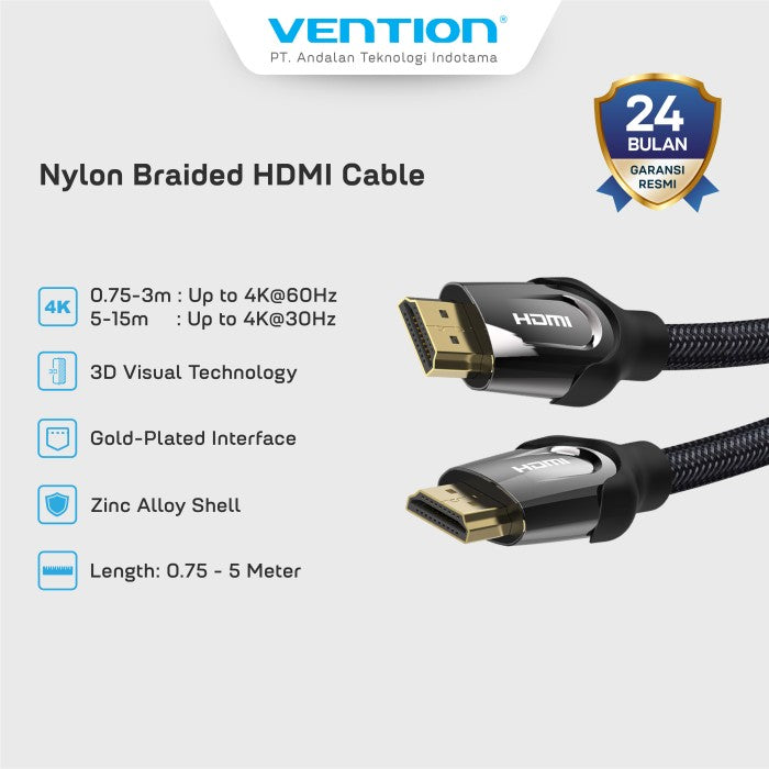 Vention Kabel HDMI Cable Male to Male High Speed 4K 60Hz Nylon Braided 1M 2M 5M - VAA-B05