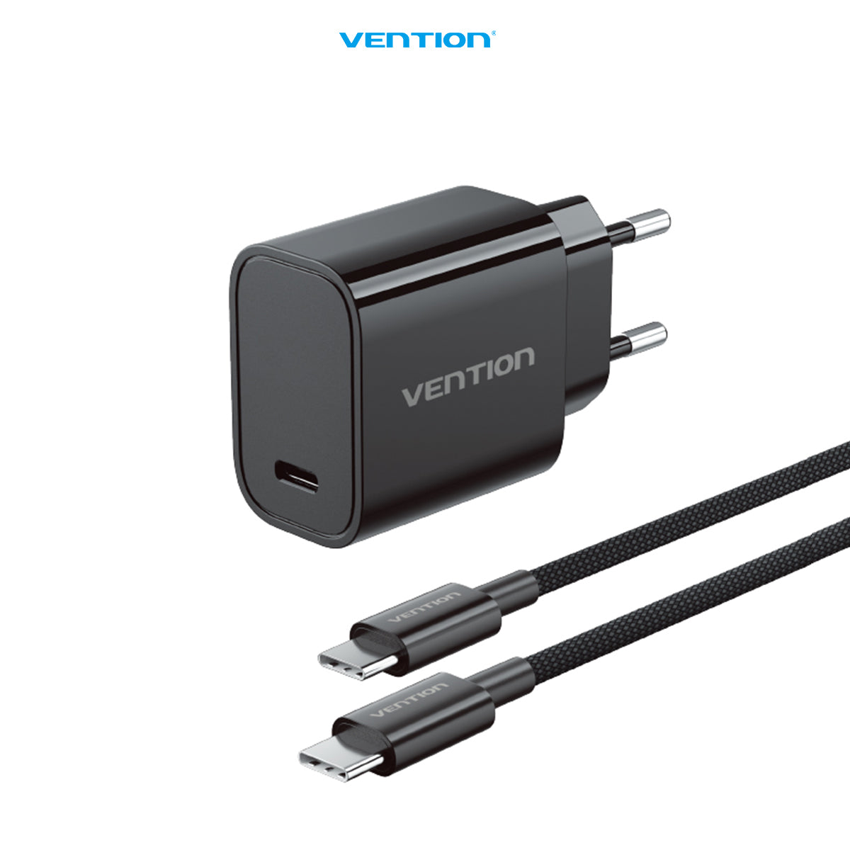 Vention Kepala Charger 1C 30W PD QC EU Bundling Kabel USB Type C to C 3A 60W 480Mbps 1M Braided Cable - G18