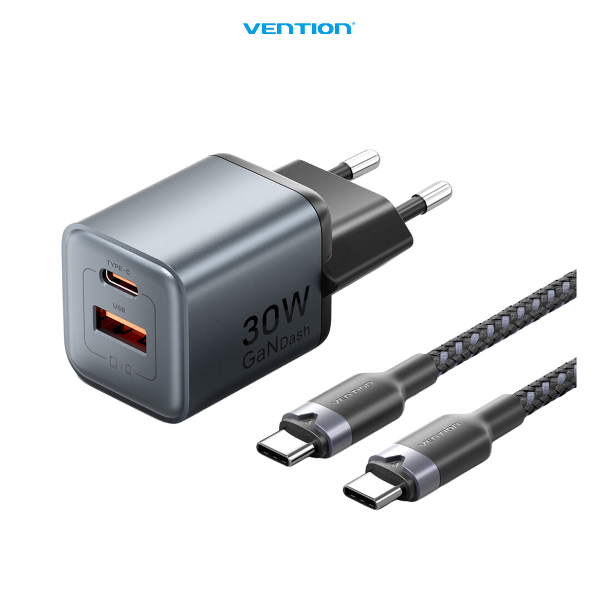 Vention GaN5 Dash Series Kepala Charger Dual Port (C+A) 30W PPS With USB C To Type C Cable 1M - TZ-FEW