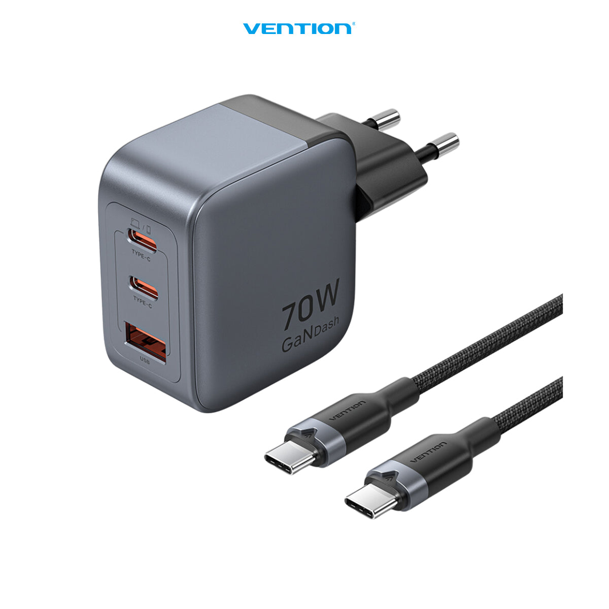 Vention GaN5 Dash Series Charger 3 Port USB (2C+A) 70W PD PPS With USB C To Type C Cable 1M - TZ-FEX