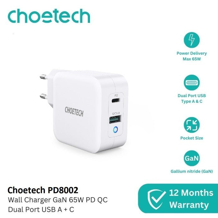 Choetech PD8002 Charger GaN 65W 45W PD QC Dual Port USB A + C