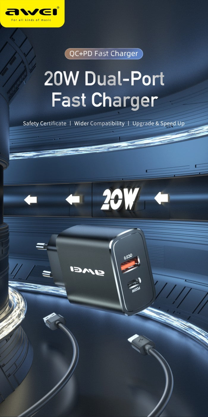 AWEI Wall Charger Adaptor Dual Port USB A+C PD 20W - PD7