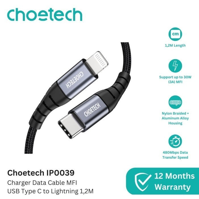 Choetech IP0039 Kabel Charger MFI 27W 30W USB C Lightning 1.2M 120CM