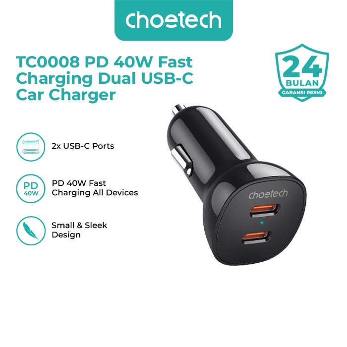 Choetech TC0008 Car Charger Mobil 40W 20W Dual USB Type C PD QC