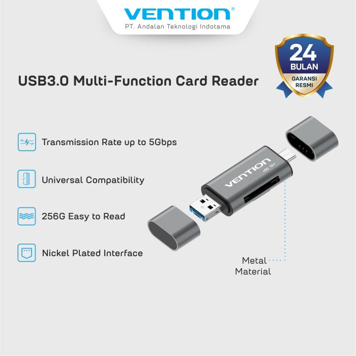 Vention Card Reader Multi function All in 1 USB 3.0 5Gbps Micro SD/TF/Type-C OTG Metal Premium - CCH