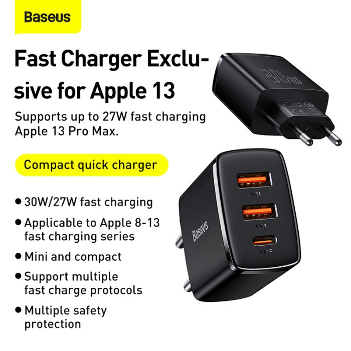 Baseus Compact Adaptor Quick Charger 2U+C 30W EU -CCXJ-E