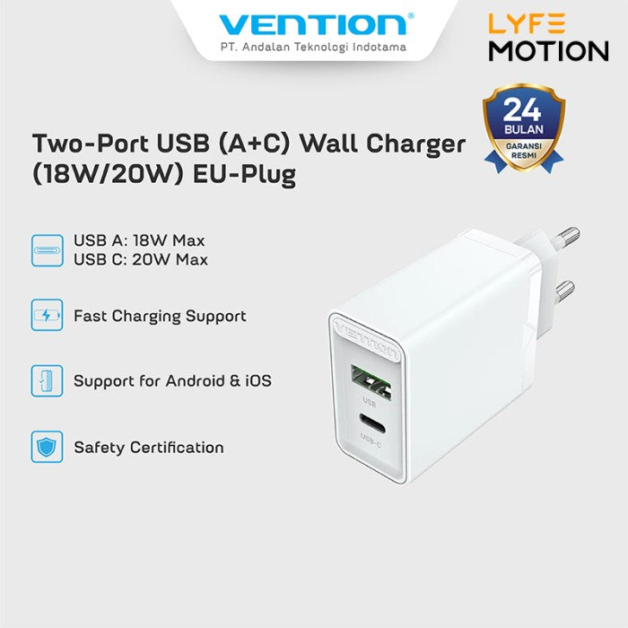 Vention Adaptor Kepala Charger USB (A+C) 20W PD For Apple Iphone Android - FBB