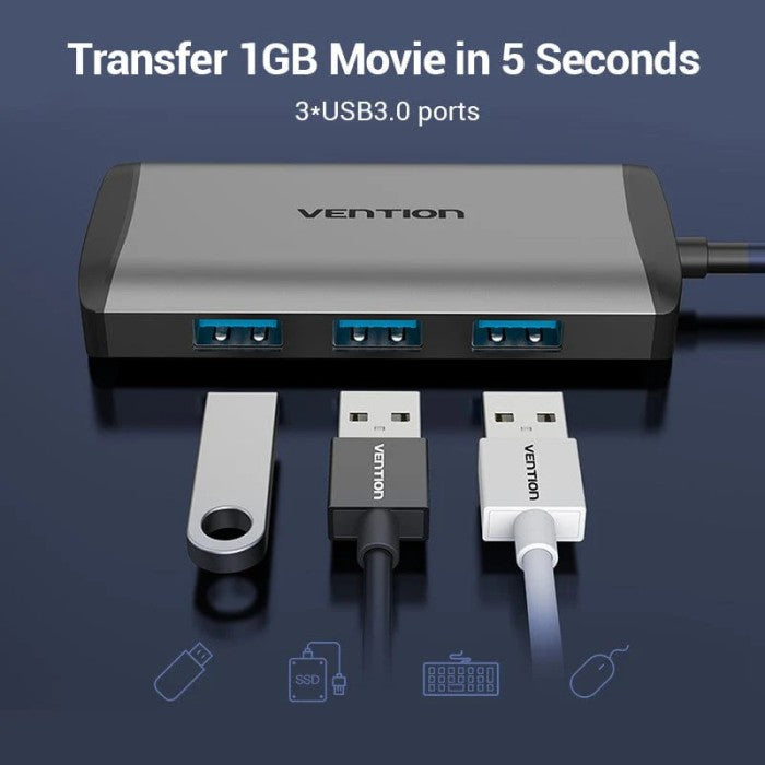 Vention Converter USB Type C to HDMI USB 3.0 RJ45 PD 0.15M Docking Station - CNC