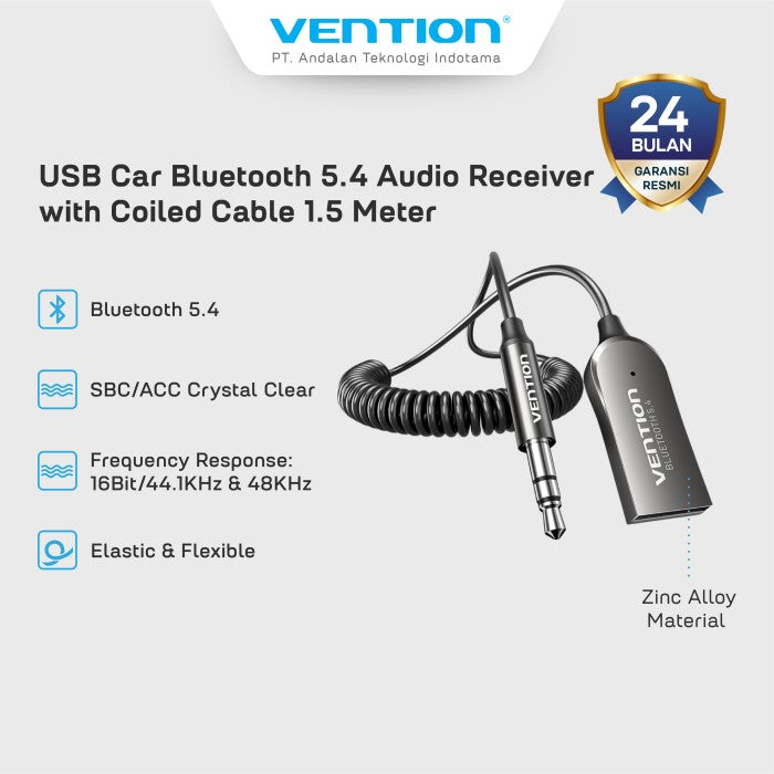 Vention Kabel USB 2.0 Male to AUX TRS 3.5mm Car Wireless Bluetooth 5.4 Audio Receiver Coiled Cable HIFI - NAI