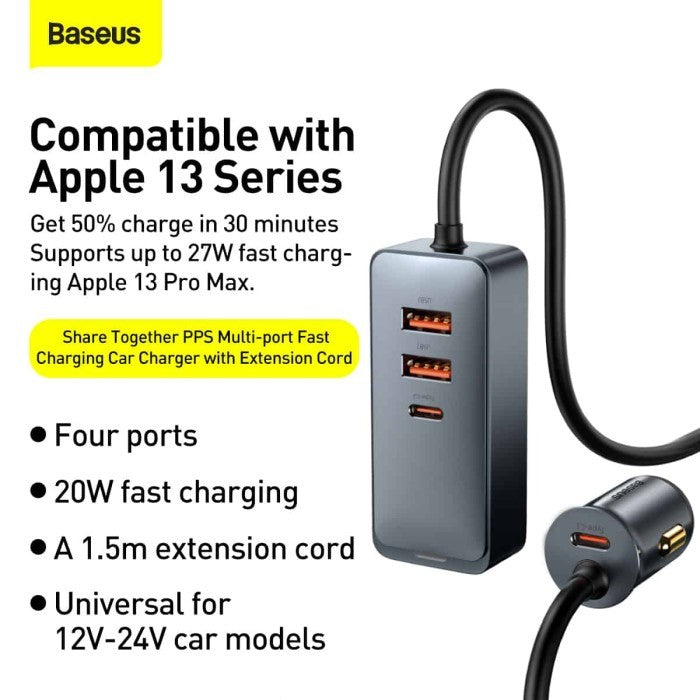 Baseus 4-Port USB Car Charger QC 3.0 PD 3.0 120W - CCBT-A